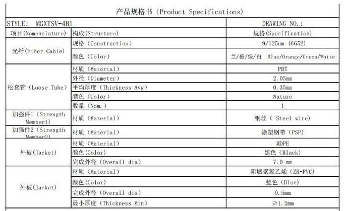 MGXTSV-4B1礦用光纜標準參數(shù)表