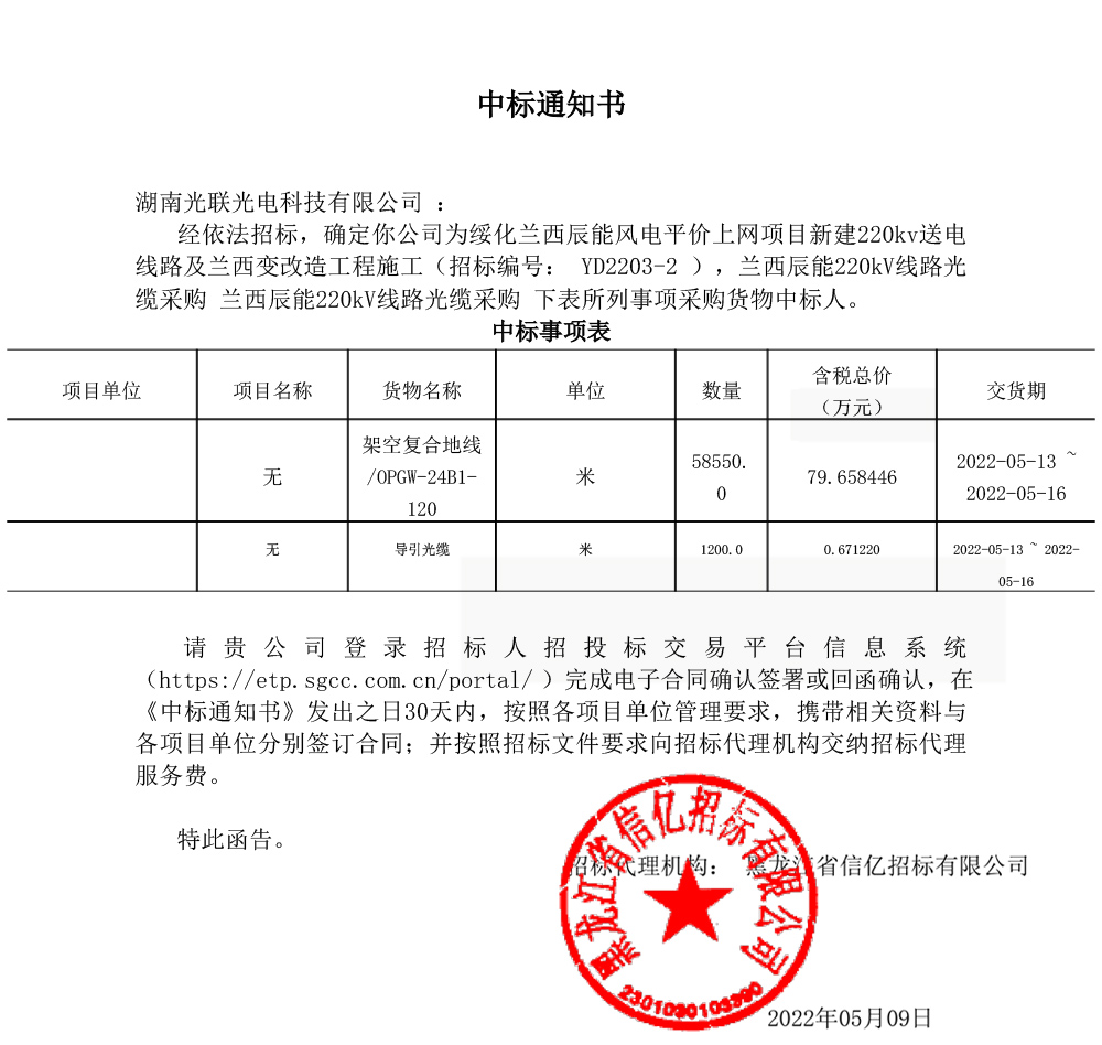 蘭西辰能風(fēng)電項(xiàng)目220KV送電線路OPGW光纜中標(biāo)通知